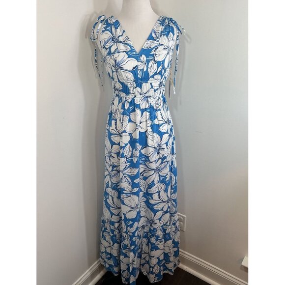 Jessica Simpson Maxi Dress Size S Blue Floral Smocked Tiered Ruched Ruffle $55 - Picture 1 of 9